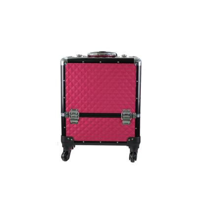 China Classic Design Aluminum Alloy Trolley Make Up Case Cosmetics Rolling Case Diamond Print Makeup Travel Box for sale