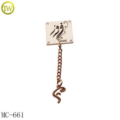 China Sustainable Fashion Abaya Garment Accessories Tag Metal Brand Logo Label With Chain for sale