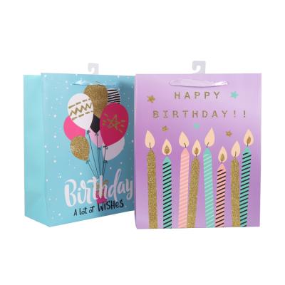 China Recyclable Hot Sale Custom Glitter Balloon Colorful Packaging With Handles Birthday Party Favor Drawstring Paper Bags for sale