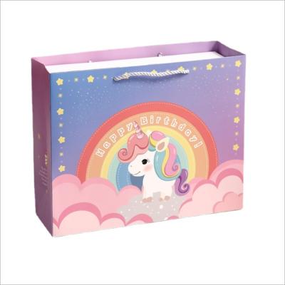 China Creative Pony Horse Cartoon Logo Pattern Recyclable Customized Gift Bags Birthday Hand Paper Bag With Bottom Strong Handle For Kids for sale