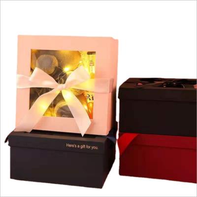 China Creative Recycled Materials Square Box With Window Opening And Hand Gift With Ribbon Cover Birthday Wedding Gift And Candy Box for sale