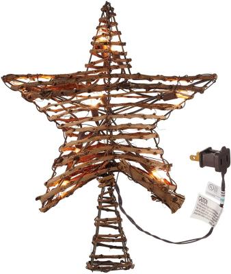 China Christmas Decorations Family Christmas Tree Decoration 12.2 Inch 3D Star Rattan Tree Topper With Battery Powered for sale