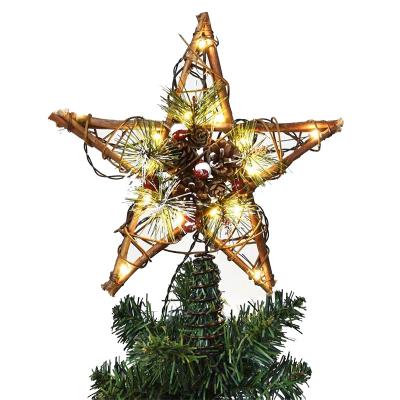 China Hanging Ornament Christmas Decoration Metal Wire Brown Hanging Rattan LED Lights Decorated Tree Topper Star for sale