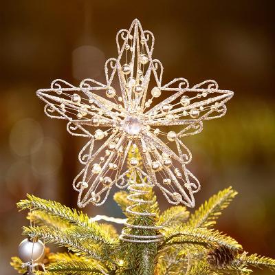 China Xmas Decorations 22CM Fun Sliver Gold Christmas Ornaments Luxury Pearl Star Metal Tree Toppers For Xmas Tree Decoration for sale