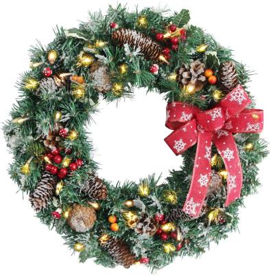 China Christmas Decorations Wholesale Artificial Christmas Holly Berry &Pinecone Christmas Garlands Outdoor Door Decorations With LED Lights for sale