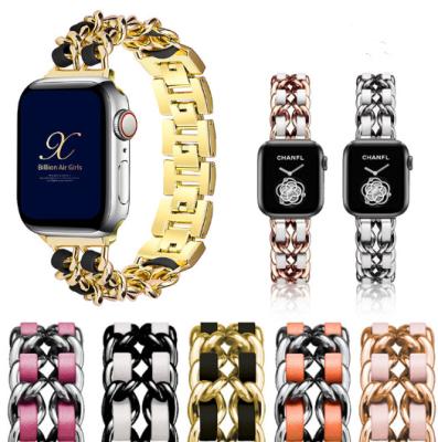 China Luxury Breathable Watch Band Stainless Steel Chain With Leather Strap Strap For iwatch 42mm 41mm 45mm Series 38mm for sale