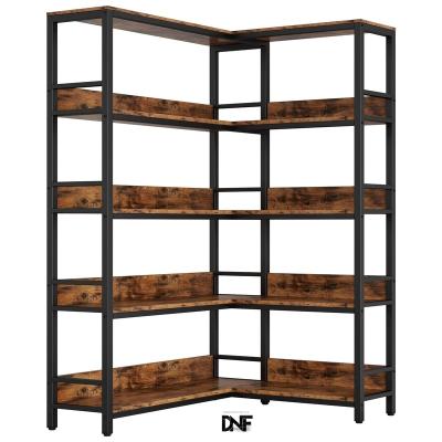 China Modern Industrial  5-Tier Corner with Bezel Storage Rack with Metal Frame for Living Room Home Office Bookcase Etagere Shelf for sale