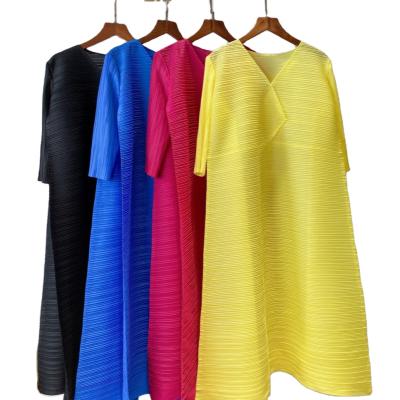 China Miyake workable loose fashion pleated dress v-neckline solid color wholesale casual plus size dress for woman for sale