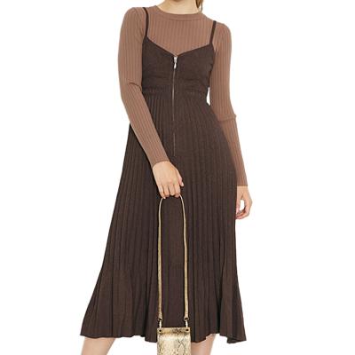 China 2021 Women's Wear Winter Wear Dress Anti-Static Zipper Pleat Long Fall Dress 2021 Knit Dress for sale