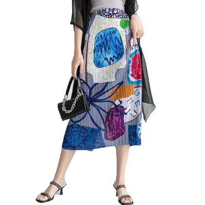 China Anti-Static Women Fashion Ladies Skirts Polyester Summer Skirt Floral Patchwork Pleated Skirt for sale