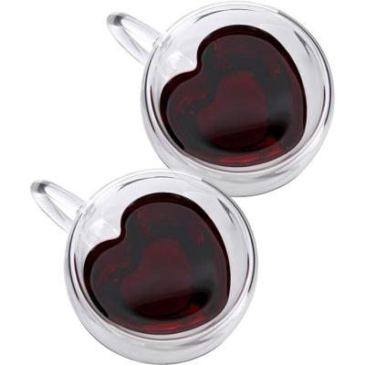 China Durable Double Wall Heart Shaped Insulated Clear Tea Cups Unique Glass Coffee Espresso Mugs With Handle for sale