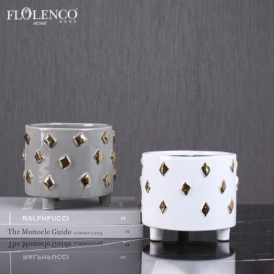 China New Arrival Home Decoration Stylish Stocked Matt Golden Square Design Small Ceramic Flower Pot With Stand for sale