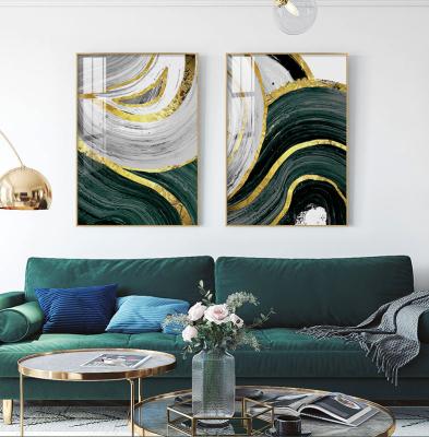 China Wall Art Abstract Light Luxury Hotel Modern Restaurant Green Gold Foil Gilt Decorative Paintings for sale