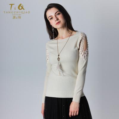 China Anti-Shrink Korean Women Scoop Neck Sweater With Lace Sexy Off The Shoulder Hollowing Sweater for sale