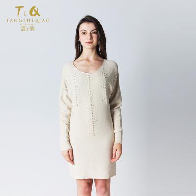 China Anti-Shrink Ladies V Neck Sexy Sweater Dress For Women Knitted Office Jumper Dresses for sale