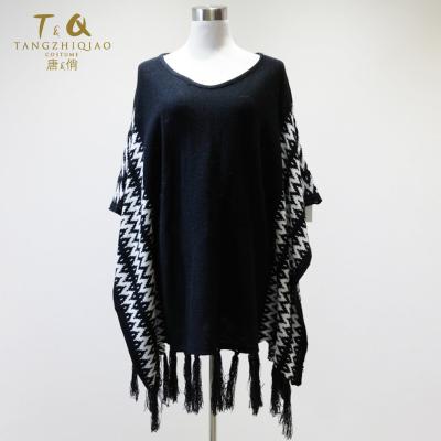 China Anti-pilling Women Batwing Sleeve Tassels Hem Style Cloak Poncho Cape Tops Knitting Sweater Coat Shawl  poncho sweater for sale