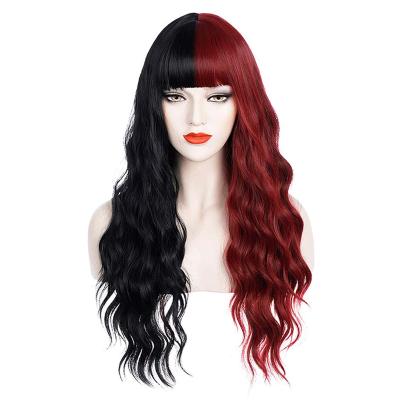 China Original Natural Pure Human Hair Black Mixed Red Split Long Curly Wig For Women Synthetic Hair 26