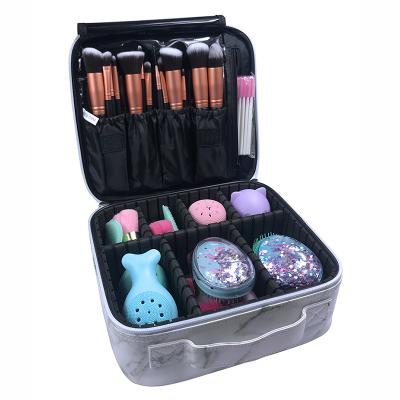 China Large Adjustable Compartment Train Case Makeup Bag Professional Marble Leather Cosmetic Organizer for sale