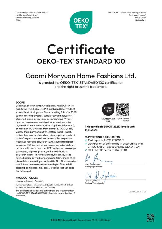 OEKO-TEX STANDARD 100 - Gaomi Mengyuan Home Furnishing Co., Ltd.