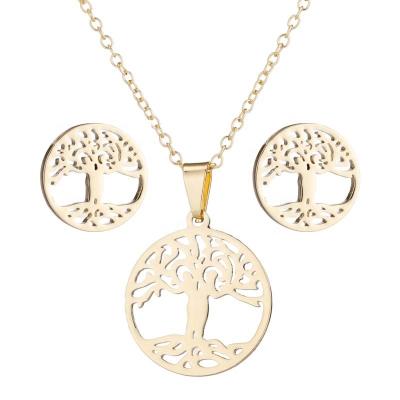 China Cheap Wholesale Casual/Sporty Round Shape 304 Stainless Steel Jewelry Set Silver Tree Of Life Necklaces Pendant Jewelry Set for sale