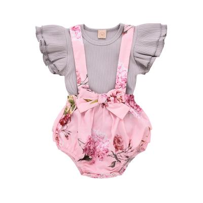 China Breathable Eco-Friendly Girls Clothes Toddler Baby Romper Short Sleeve Ruffle Tops + Pink Bow-knot Skirt 2 Piece Sets for sale