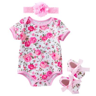 China 100% Cotton Infant Jumpsuit Short Sleeve Floral Baby Rompers With Headbands for sale