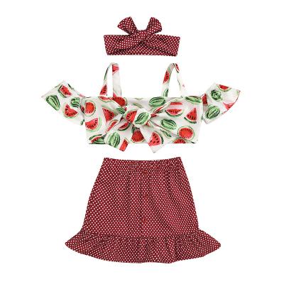 China Breathable Eco-Friendly Toddler Kids Infant Baby Clothes Set Off Shoulder Watermelon Polka Dots Skirt Headband 3PCs Summer Top Outfit for sale