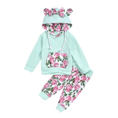 China New Fashion Toddler Babies Flower Bowknot Hooded Tops Casual Green Infant Floral Ear Long Pants 2PCS Clothing Set for sale