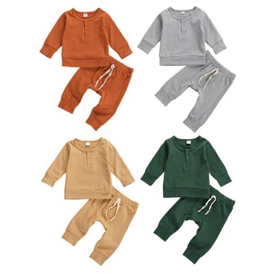 China Spring Autumn Baby Breathable Clothes Knitted Cotton Dressing Set Long Sleeve With Drawstring Long Pants 2pcs Outfits for sale