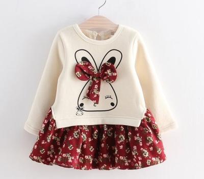 China Spring Girl Autumn Baby Clothes Girl Clothing Cute Floral Fleece Bow Quilted A-Line Casual Dresses for sale