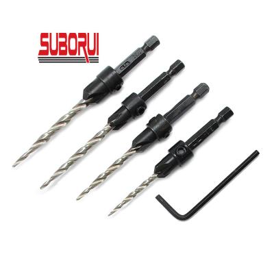 China Wood Drilling 4 Pcs 1/4 Inch Hex Shank Hss Tapered Flute Quick Change Woodworking Countersink Drill Bit Set for sale