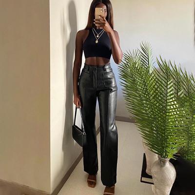 China Anti-Wrinkle 2022 Spring Women's PU Faux Leather Pants Solid Color Jogger Pants Women's Leather Trousers for sale