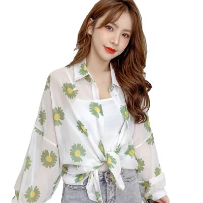 China Anti-Wrinkle Who Else Korean Print Plus Size Chiffon Daisy Lady Summer White Casual Flannel Shirts For Women for sale