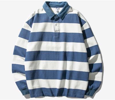 China Anti-Wrinkle Mens Striped Blue Tops Tees Long Sleeve Loose Mens Streetwear Hip Hop Cotton Polo T-Shirts for sale