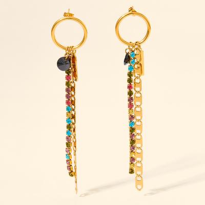 China Fashionable Exquisite Colorful Zircon Stainless Steel Earrings Women Long Hanging Earrings 2022 Trendy Jewelry for sale