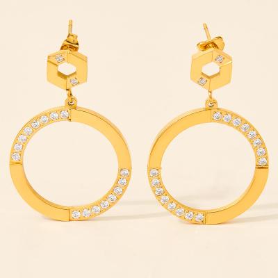 China Trendy European Fashion Gold Plating Zircon Circle Earring Stainless Steel Zircon Round Circle Drop Earrings For Women for sale