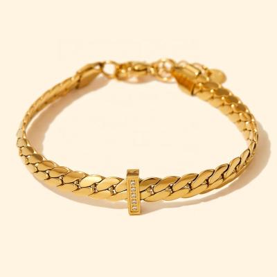 China FASHIONABLE High Quality 18k Gold Plated Cuban Chain Stainless Steel Bangle Bracelet Zircon Statement Fashion Waterproof Jewelry for sale