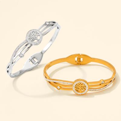 China FASHIONABLE New Design Real Gold Plated Hollow Tree Bangle Openable Stainless Steel Layered Crystal Tree Of Life Bangle Shiny for sale