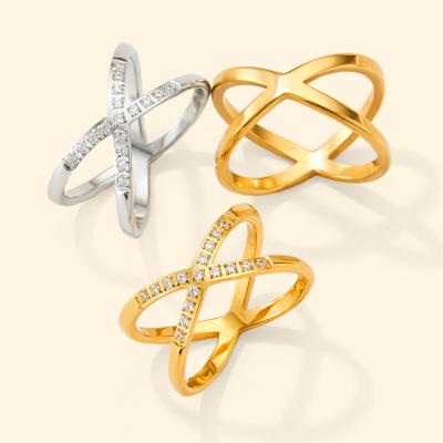 China Vintage Gold Plated Unique Stainless Steel White Zircon Stacking Rings For Women for sale