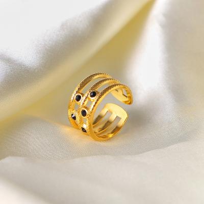 China Vintage Stainless Steel 18k Gold Plated Black Stone Rings Instagram Style Women Jewelry 3 Layered Opening Adjustable Rings for sale