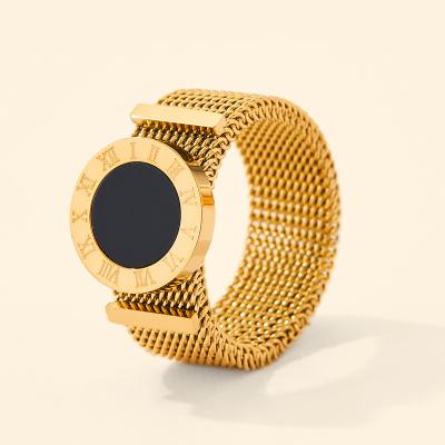 China Popular Vintage Designer Belt Design Ladies Jewelry 18k Gold Stainless Steel Stretch Mesh Ring for sale