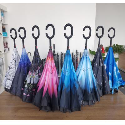 China Custom Logo Printed Double Layer Fabric Upside Down Windproof Handle Craftsman Inverted Reverse Umbrellas For Car for sale