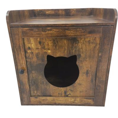 China Single Door Pet Box Cabinet Cute Rustic Viable Brown Cat Litter Box Cat House Storage Cabinet With Cat Head Hole for sale