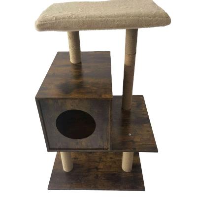 China Sustainable Wood Pet Supplies Multi-level Platform Wooden Cat Scratching Tree Cat Climbing Frame for sale