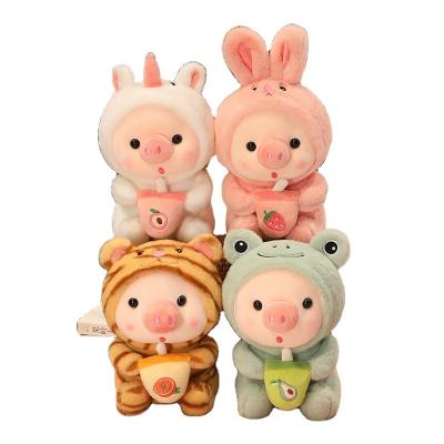 China Eco-friendly Material 35cm Mengai Adorable Piggy Doll Jumpsuit lovely doll toys Plush Toy In Milk Tea Cup Shape For Children for sale