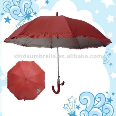 China UV Coated Sun Ruffte Girl Red Kid Size Polyester Umbrella With Hook Handle And Whistle for sale