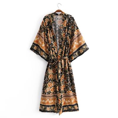 China Anti-Static Black Color Women Rayon Floral Print Kimono Dresses Cardigan Style Bohemian Clothing for sale