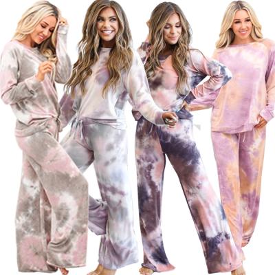 China Thermal Autumn Winter Sports Suit Casual 2022 Tie Dye Hoodie Two Piece Pajamas Plus Size Home Wear for sale