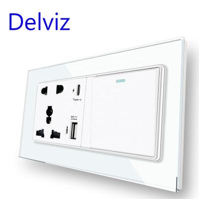 China Delviz Residential/Multi-Purpose Wall Lamp Switch, 5V 2A Port, Crystal Glass Panel, Universal 13A Power Outlet, 18W Type C USB Smart Fast Charging Plug for sale