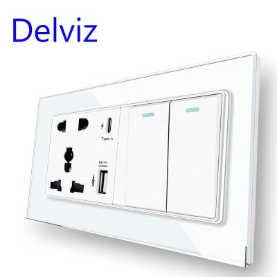 China Residential/Multipurpose Delviz 16A Wall 2gang 2 Way Lamp Switch, Crystal Glass Panel, 13A Universal Power Outlet, 18W Type C USB Smart Quick Charge Plug for sale